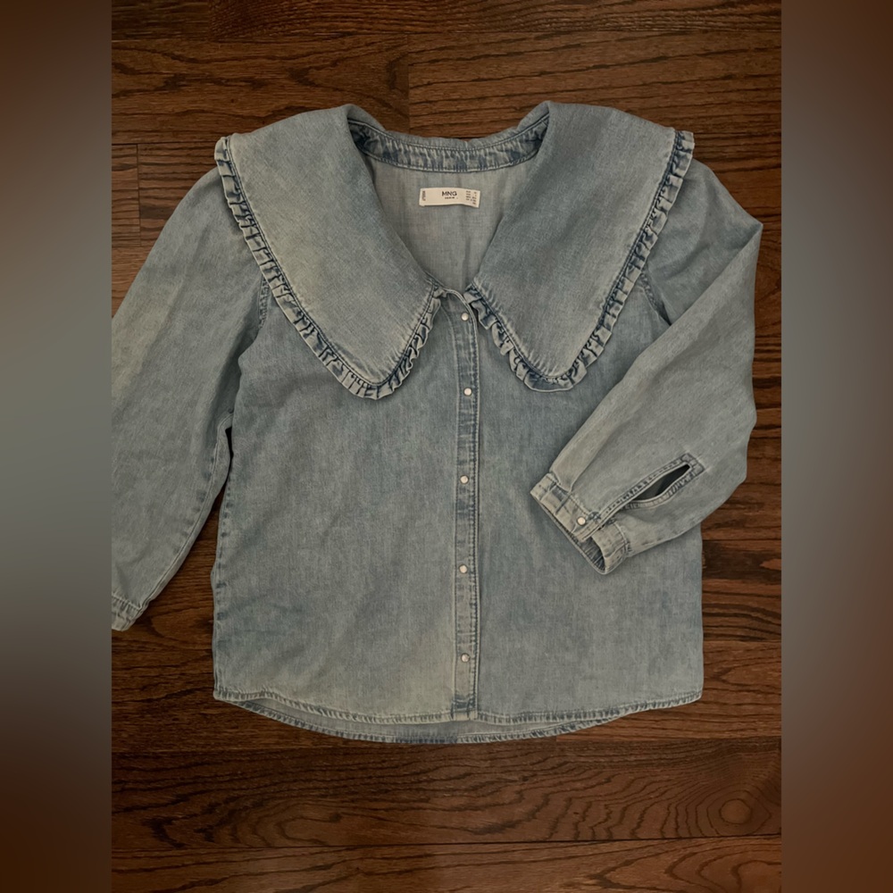 ASOS Mango Blue Denim Oversized Peter Collar Ruffled Top.  Size 2 - Picture 3 of 7